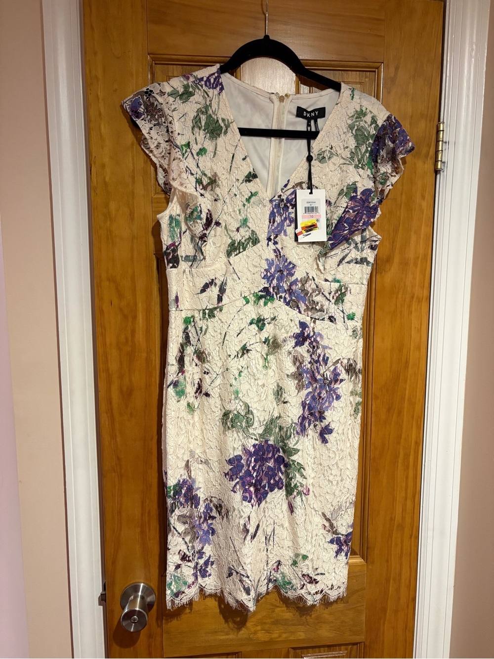 DKNY Cream Lace Midi Dress with Purple & Green Floral Print